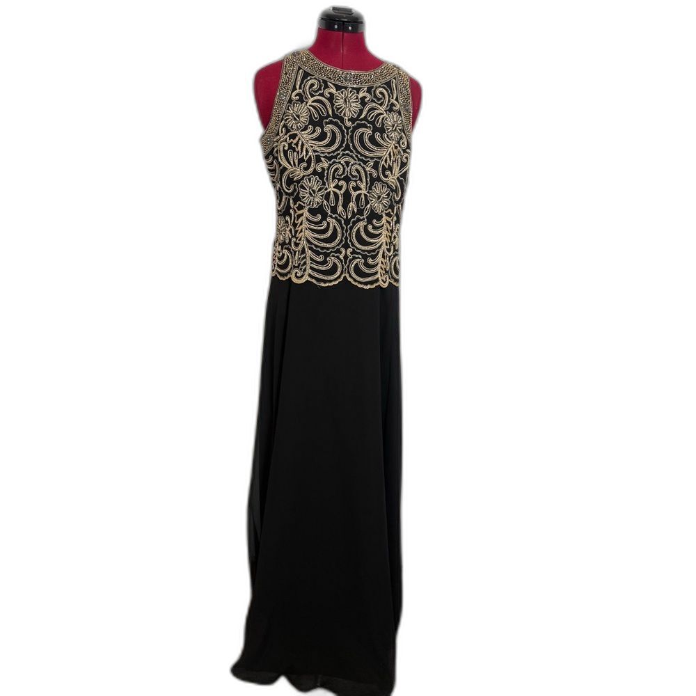 J Kara Maxi Dress Women's Size 10 Black & Gold Beaded Sleeveless